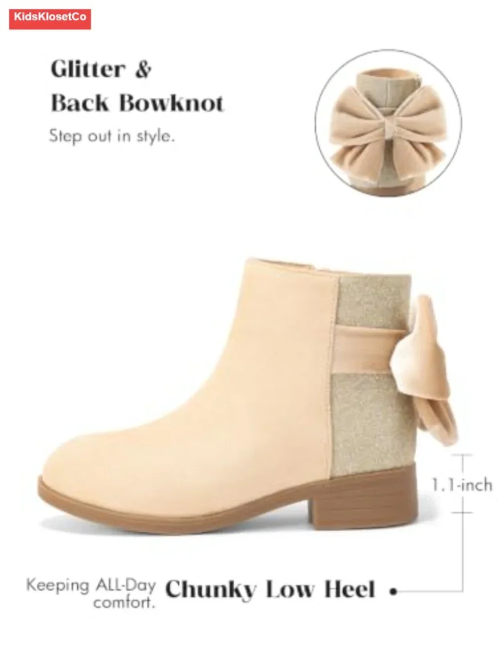 Girls Glitter Ankle Boots Bow Chunky Low Heel Zip Dress Booties Faux Suede Faux